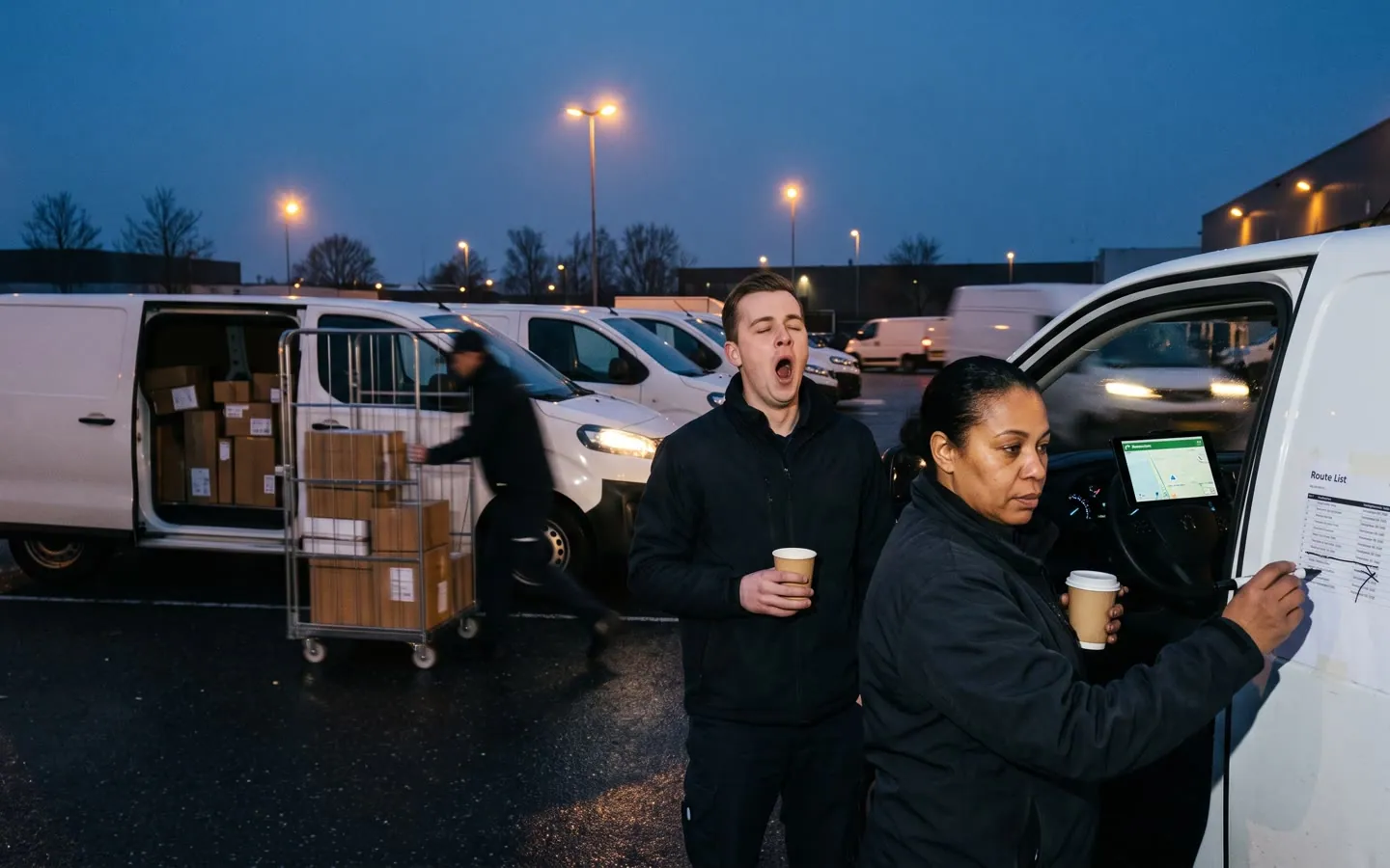Het depot van een bezorgdienst om zes uur 's ochtends: elektrische busjes met open deuren, rolcontainers vol pakketten, de planner met een rittenlijst bij een achterklep.