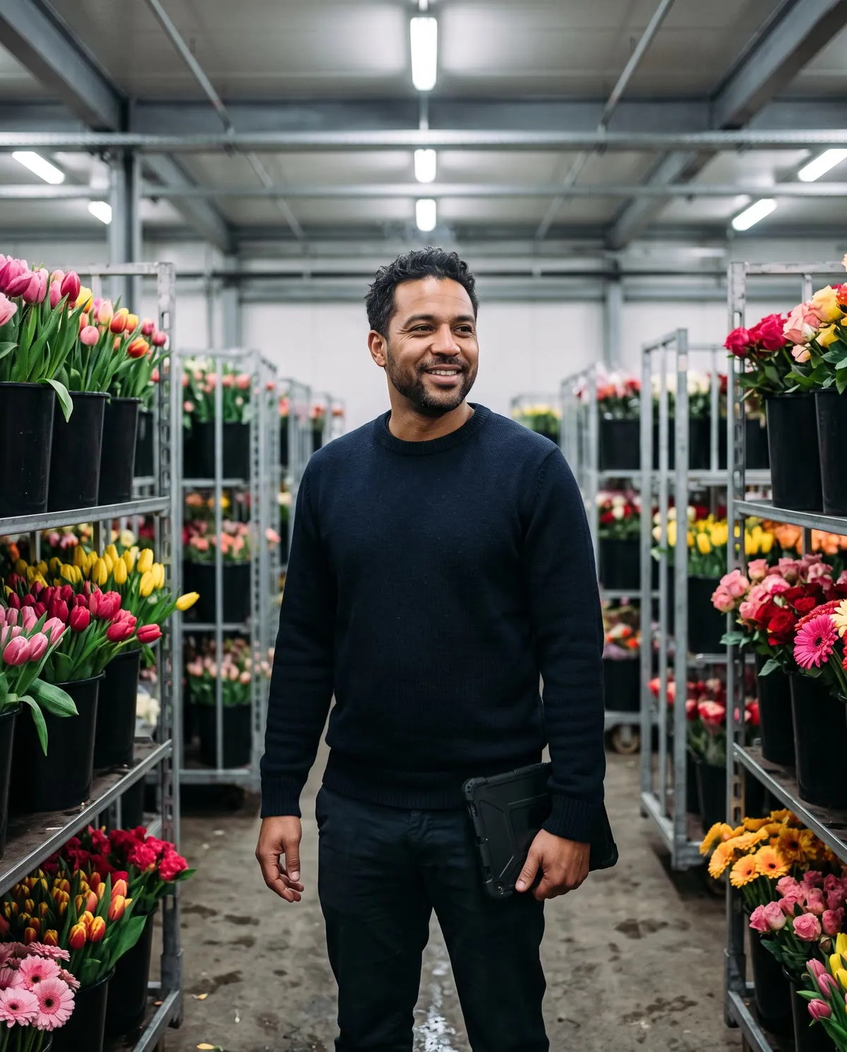 De eigenaar van een bloemengroothandel tussen karren vol bloemen in de koelhal, een tablet losjes in zijn hand.