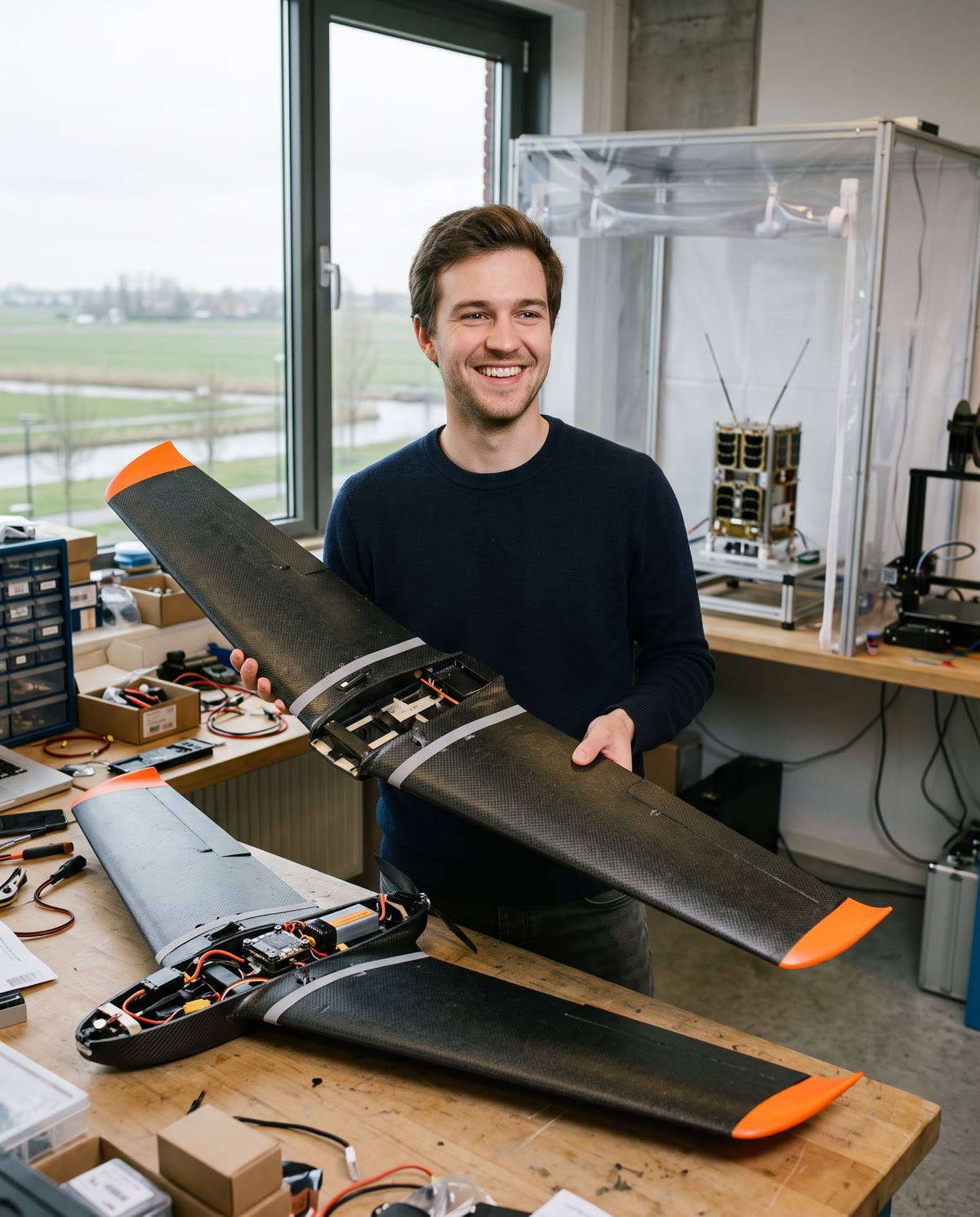 De oprichter van een ruimtevaartstart-up aan zijn werkbank, een dronevleugel in zijn hand, de polder achter het raam.