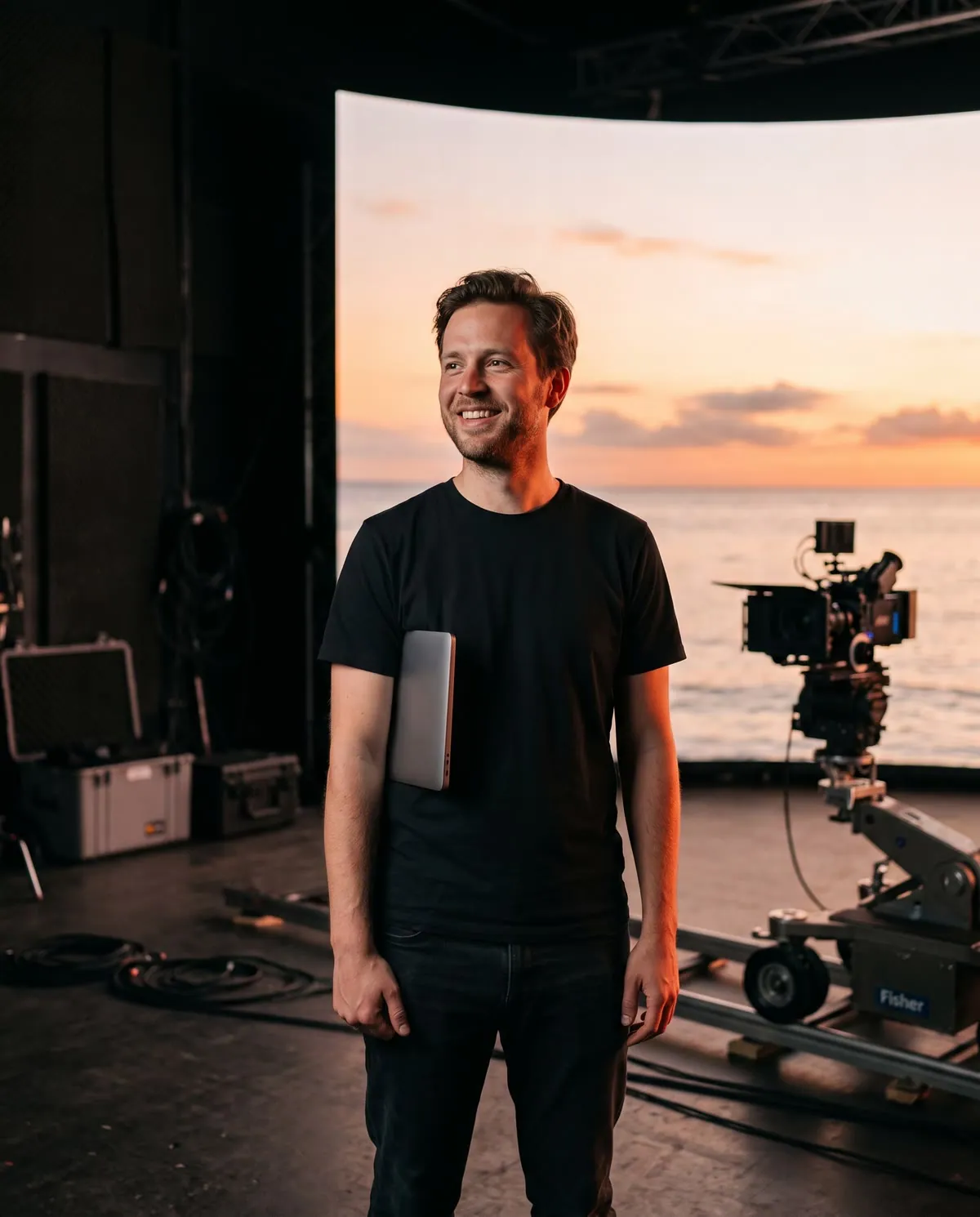 De oprichter van een filmstudio voor de ledwand met een zonsondergang, een laptop onder zijn arm.