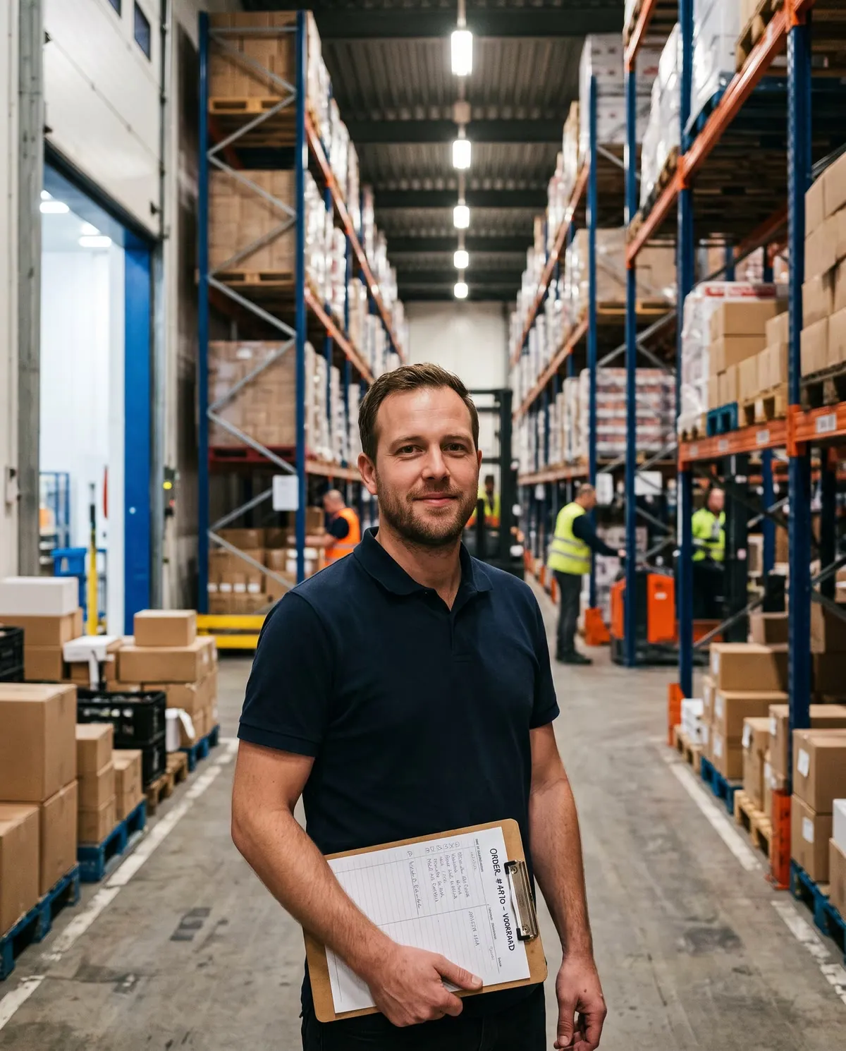 De eigenaar van een horecagroothandel in het gangpad van zijn distributiecentrum, een klembord met een orderbon in zijn hand.