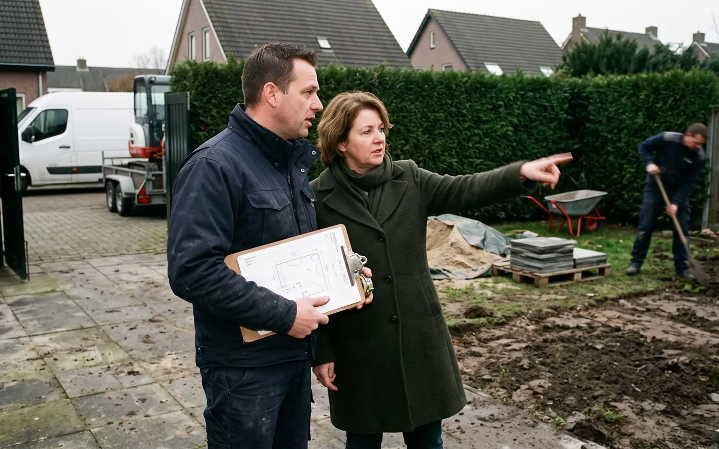 De tuin van een klant, de hovenier met een schets op een klembord, de bewoner wijst naar een hoek, een collega met een schop.