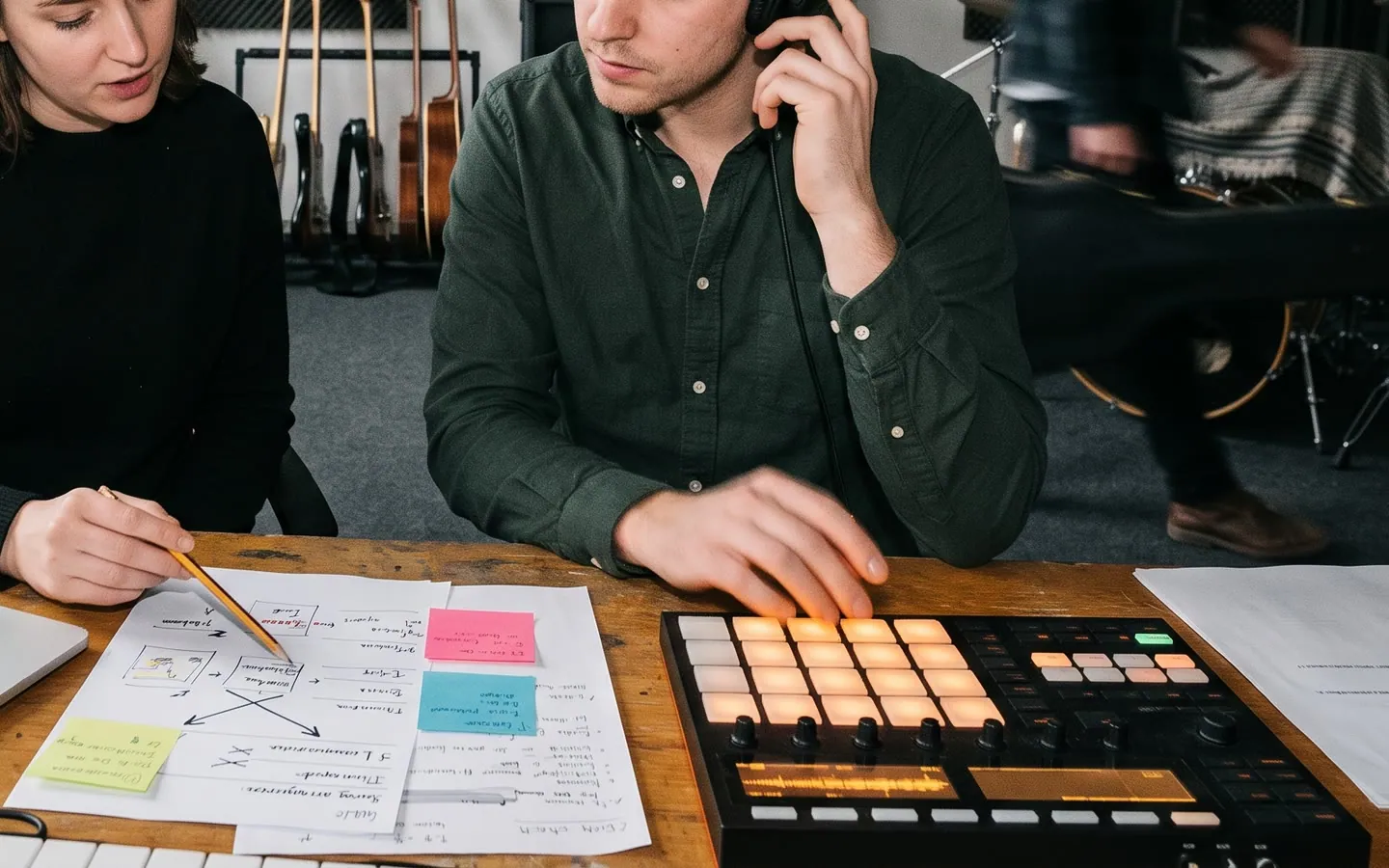 Een kleine studio, twee producers aan één laptop met een pad-controller en een arrangementvel.