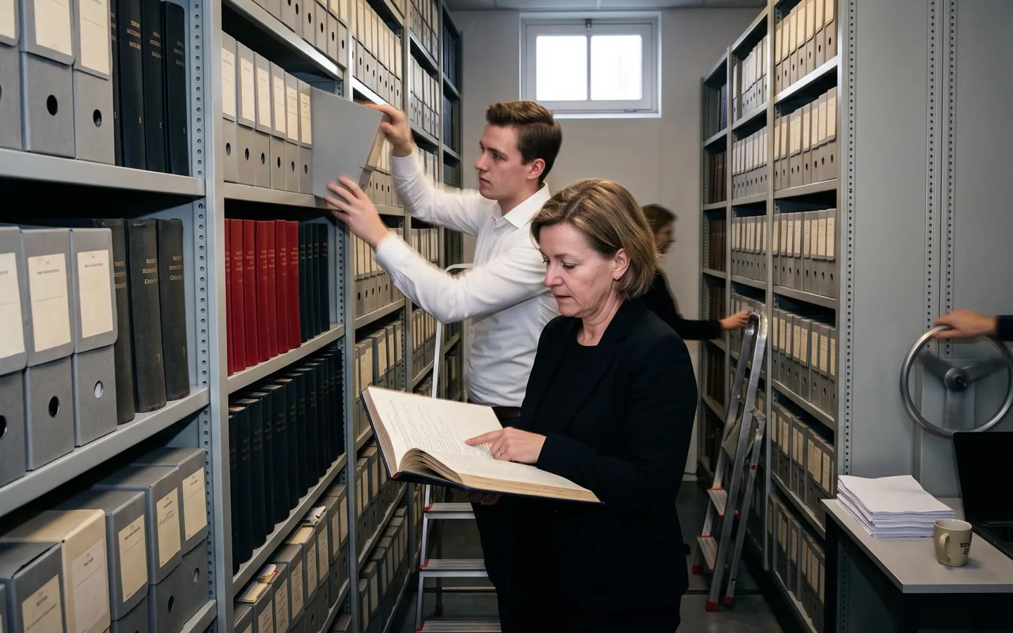 Het archief van een notariskantoor: rolstellingen vol dozen en registers, de notaris met een open register in haar handen.