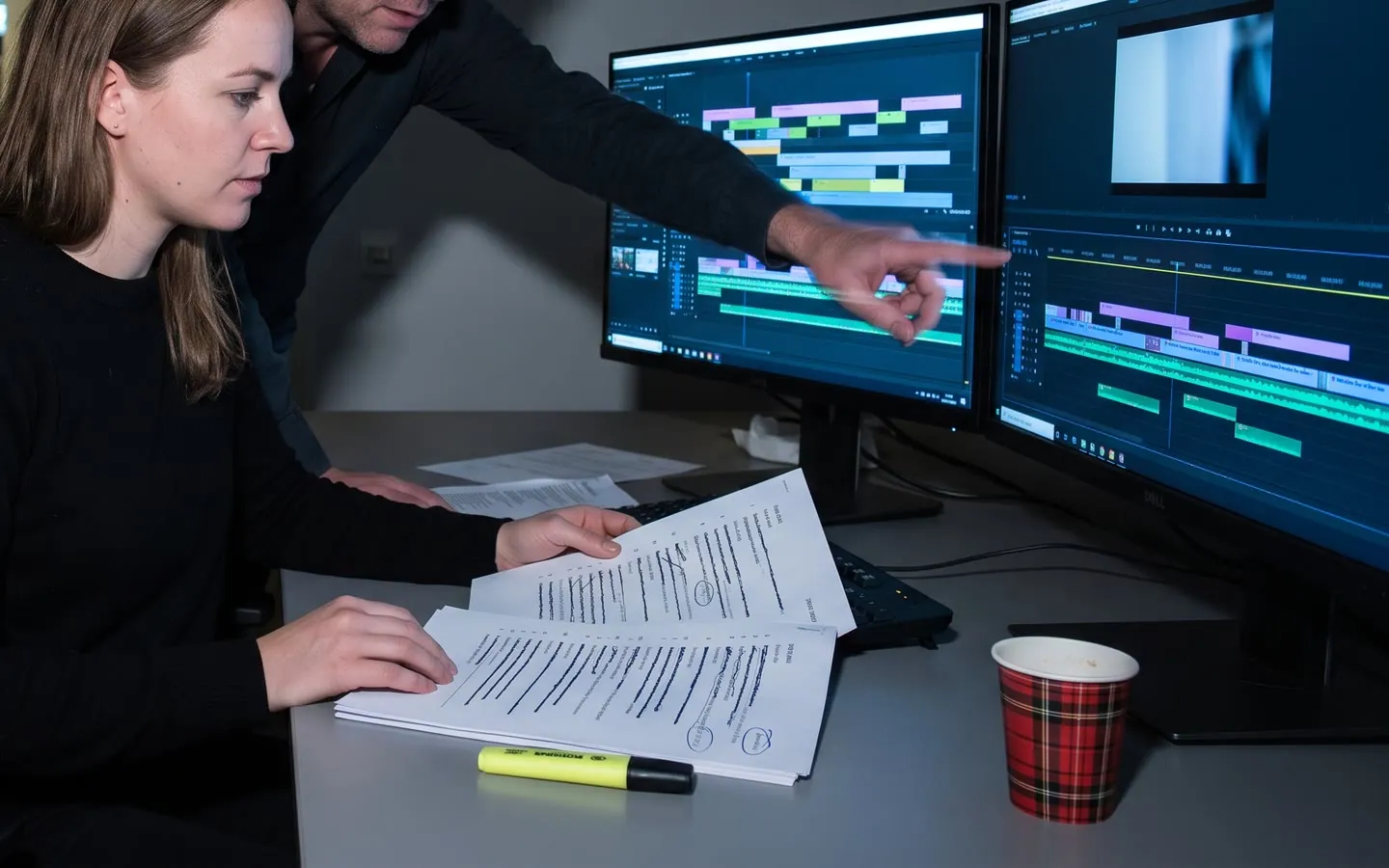 Een montagekamer, de editor met een uitgeprinte shotlist, twee schermen vol tijdlijnen.