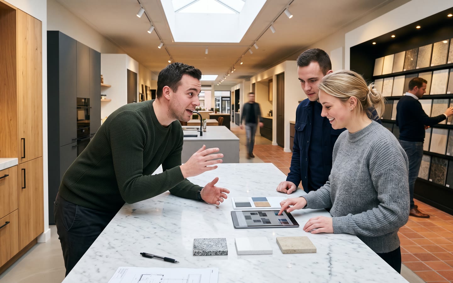 De showroom van een projectontwikkelaar, twintig meter diep, de eigenaar van achteren met een papieren optielijst in zijn hand.