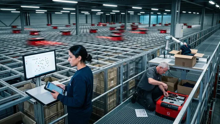 Een rastermagazijn met rode robots op een grid van bakken, de operationeel manager bij een pickstation, een monteur bij een stilgevallen robot.
