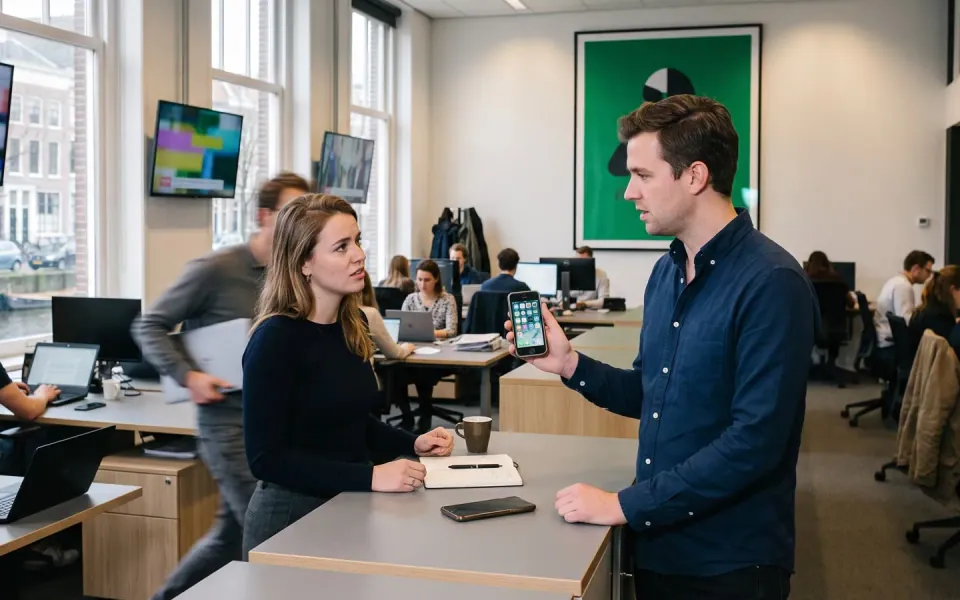 Een redactievloer: twee collega's overleggen, met schermen en bureaus erachter.