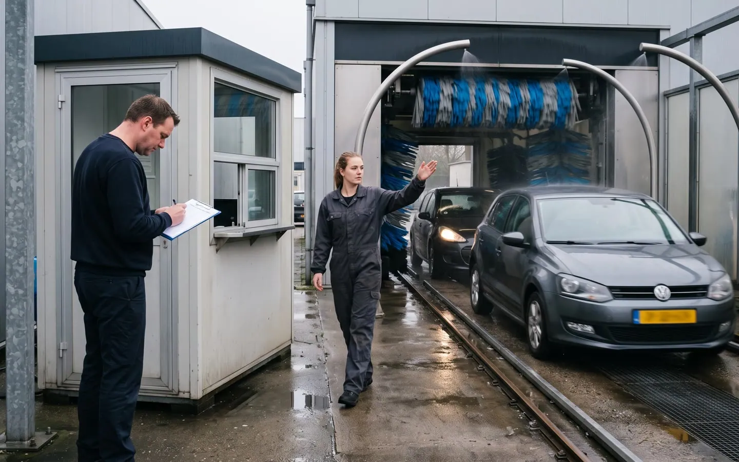 De ingang van een wasstraat, de eigenaar met een abonnementenlijst bij het hokje, een auto rolt de tunnel in.