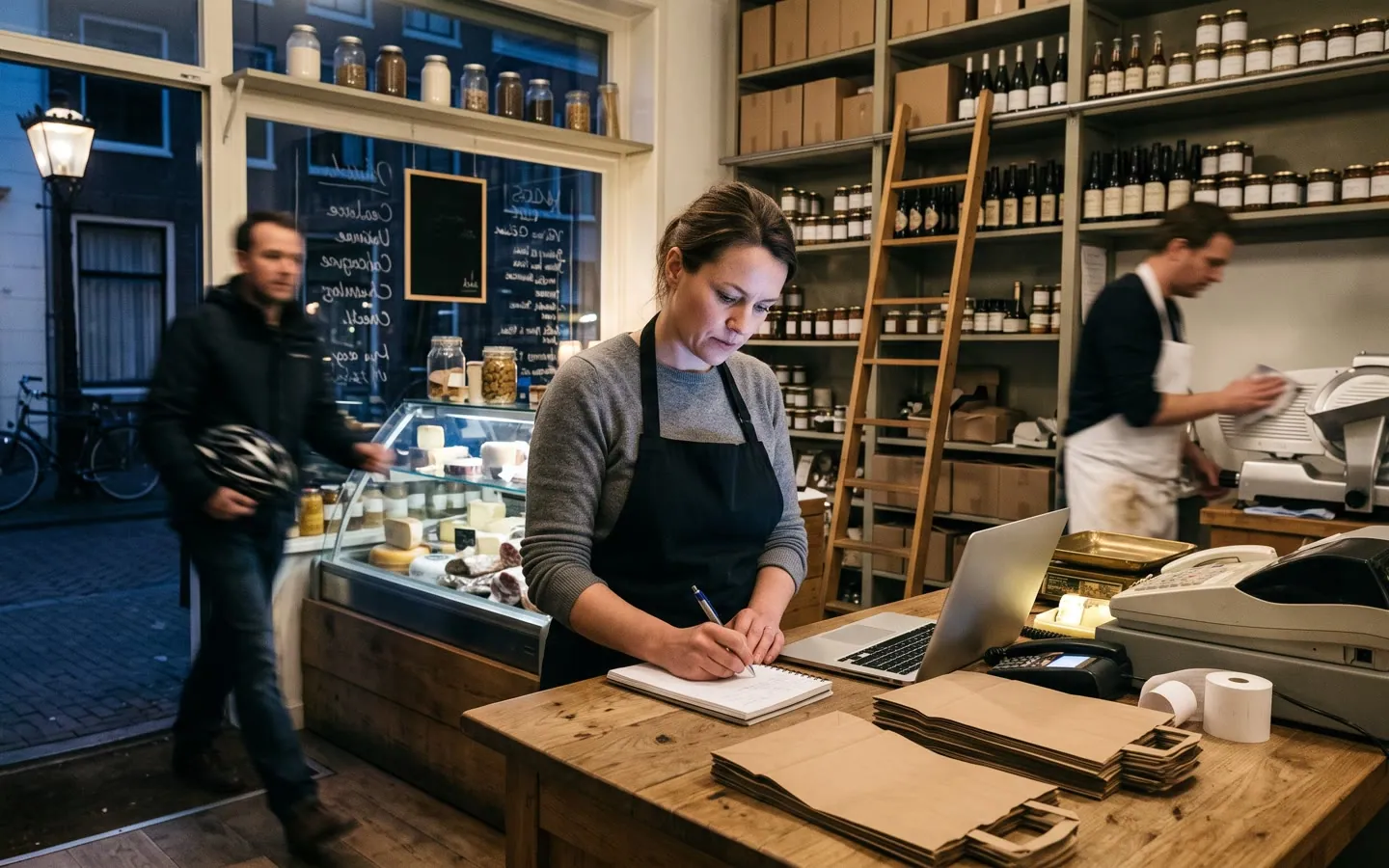 Een delicatessenwinkel bij sluitingstijd, de eigenaar schrijft een bestellijst achter de toonbank, de laatste klant bij de deur.