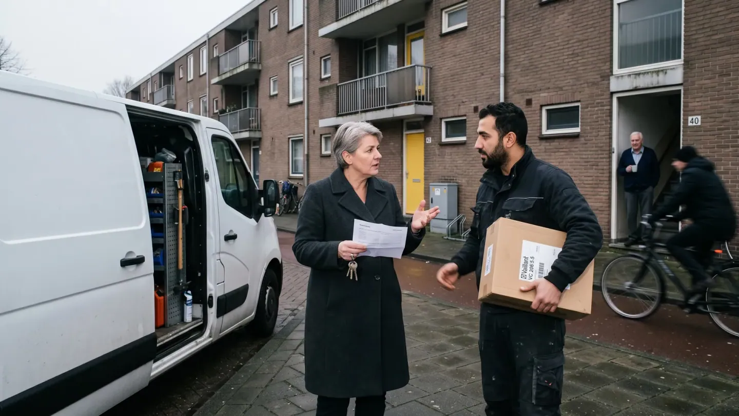 De stoep voor een rij portiekflats: de wijkbeheerder in gesprek met een monteur met een ketelonderdeel onder zijn arm, de bus met open zijdeur aan de stoeprand.