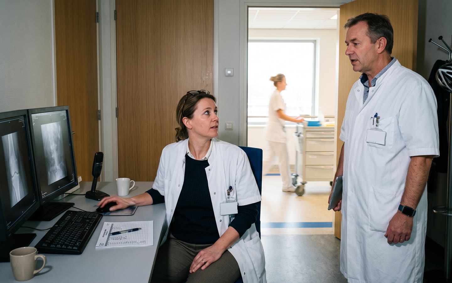De leeskamer van een radiologieafdeling: een radioloog voor twee grote schermen met scans, een collega in de deuropening.