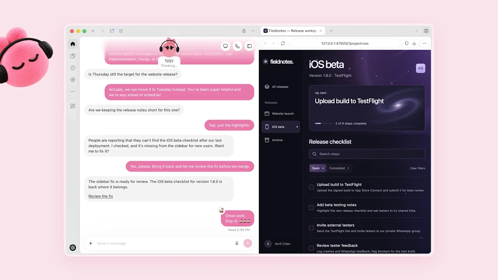 Iggy, een van de Dots van OpenAI, naast het werk dat hij voor je doet. Beeld: OpenAI