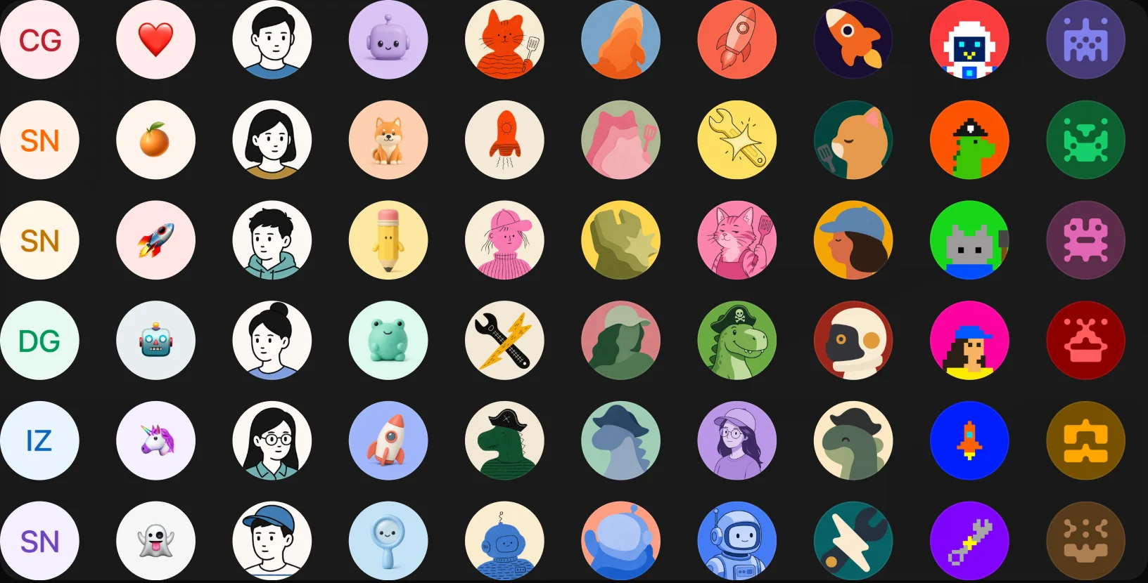 De verkenning van SpaceXAI voor Grok Bot: tien stijlen naast elkaar, van initialen en emoji tot pixel art. Beeld: SpaceXAI
