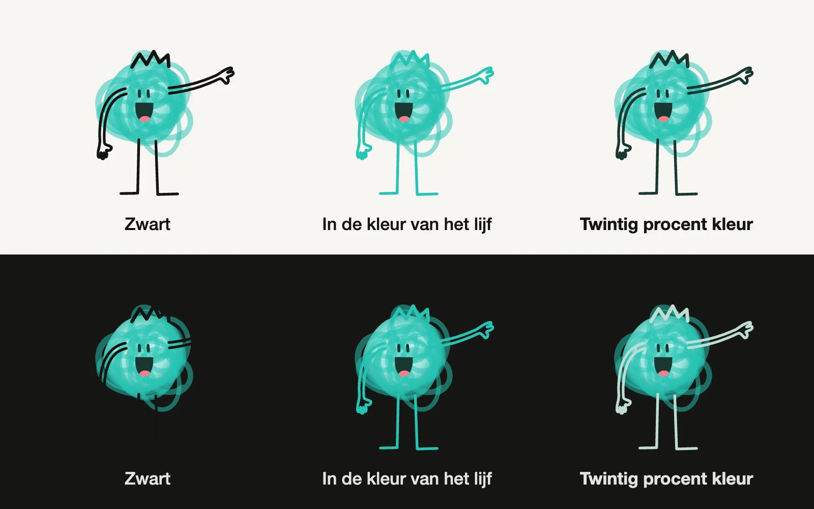 De lijn: zwart verdwijnt in het donker, in de kleur van het lijf valt hij weg, twintig procent kleur werkt op allebei