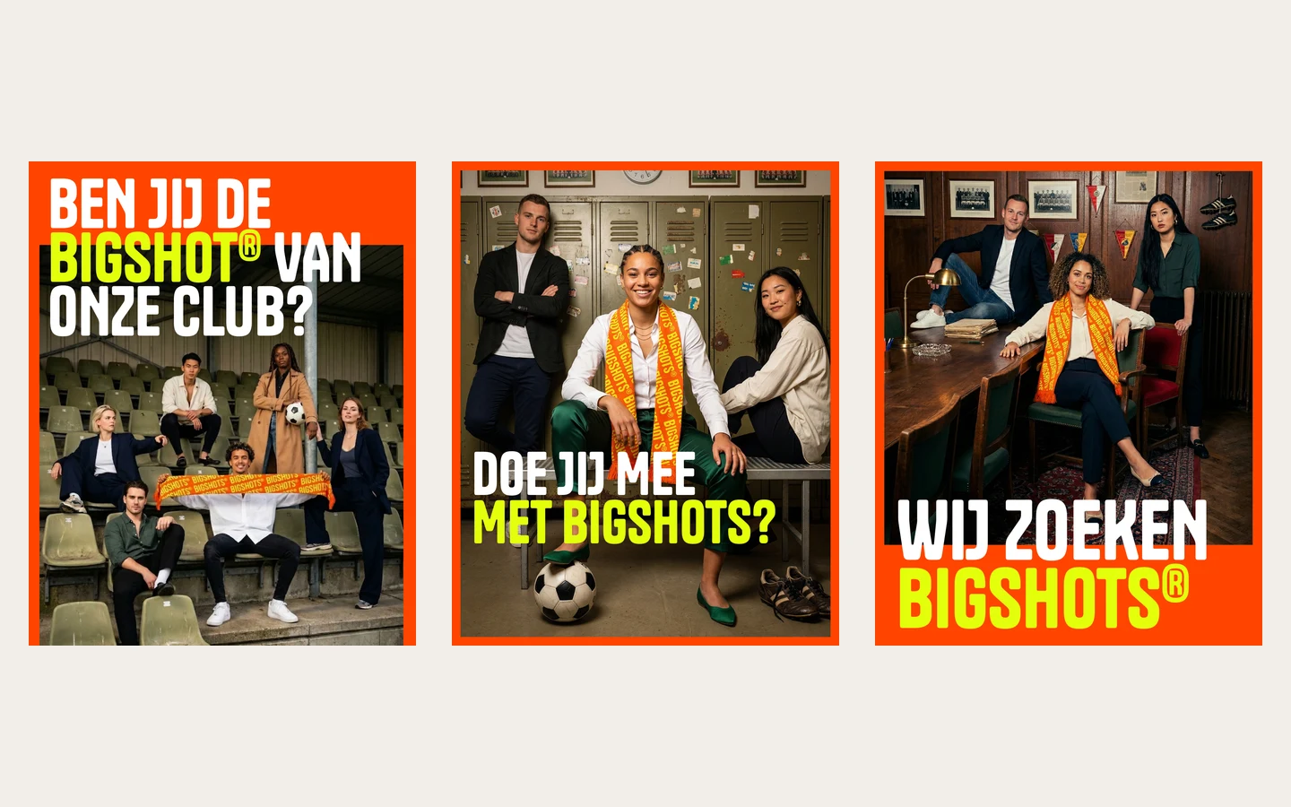 Drie Instagramposts van Bigshots naast elkaar, elk met een met AI gemaakte foto van jonge mensen met oranje Bigshots-sjaals: op een tribune met de kop Ben jij de Bigshot van onze club?, in een kleedkamer met Doe jij mee met Bigshots?, en in een bestuurskamer met Wij zoeken Bigshots, in witte en limoengroene kapitalen met een oranje rand.