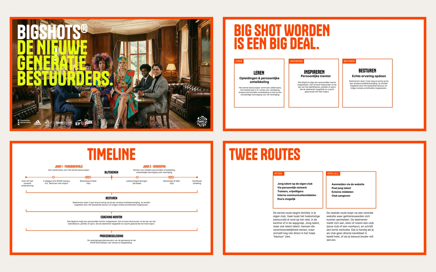 Vier dia's uit de presentatie van Bigshots in een raster: de opener met BIGSHOTS DE NIEUWE GENERATIE BESTUURDERS in limoen en wit over een met AI gemaakte groep jonge mensen aan een bestuurstafel, het blad Big shot worden is een big deal met drie kaarten Leren, Inspireren en Besturen, de tijdlijn met jaar 1 fundamentals en jaar 2 verdiepen, en het blad Twee routes met Intern en Open call.