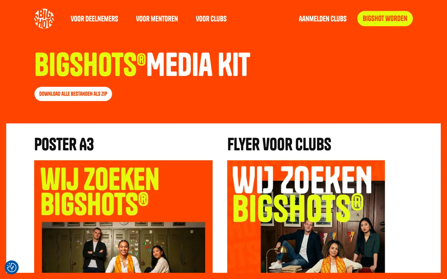 De pagina Media Kit op bigshotsamsterdam.nl: de kop BIGSHOTS MEDIA KIT met een knop om alles als zip te downloaden, en daaronder een poster op A3 en een flyer voor clubs met de kop WIJ ZOEKEN BIGSHOTS boven met AI gemaakte foto's van jonge mensen met oranje sjaals.