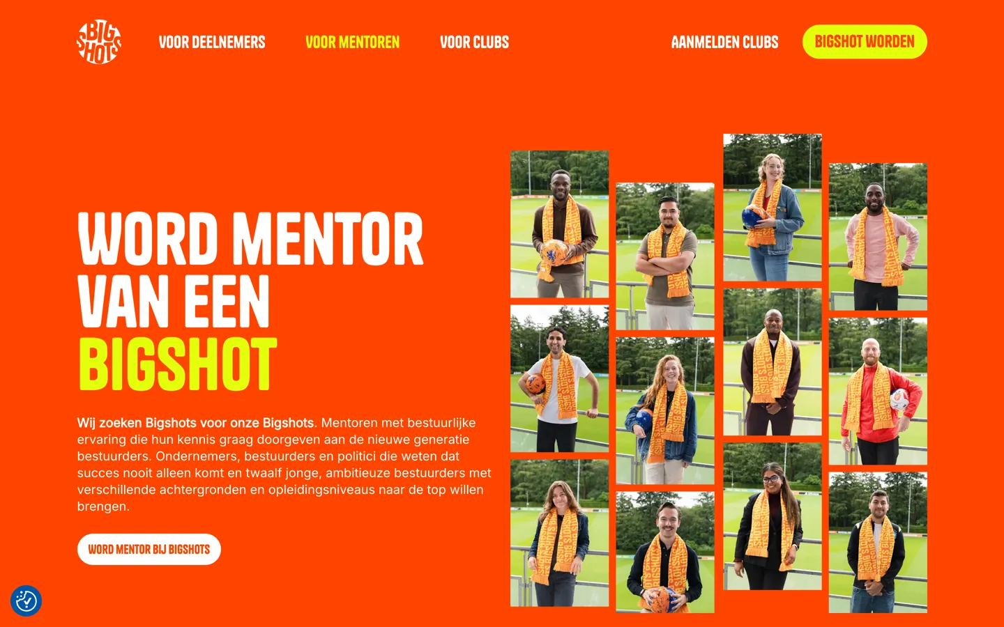 De kop van de pagina Voor mentoren: links op oranje WORD MENTOR VAN EEN BIGSHOT in witte en limoengroene kapitalen met een korte uitleg en een knop, rechts twaalf staande portretten van jonge mensen met de oranje sjaal op een voetbalveld, in vier kolommen.