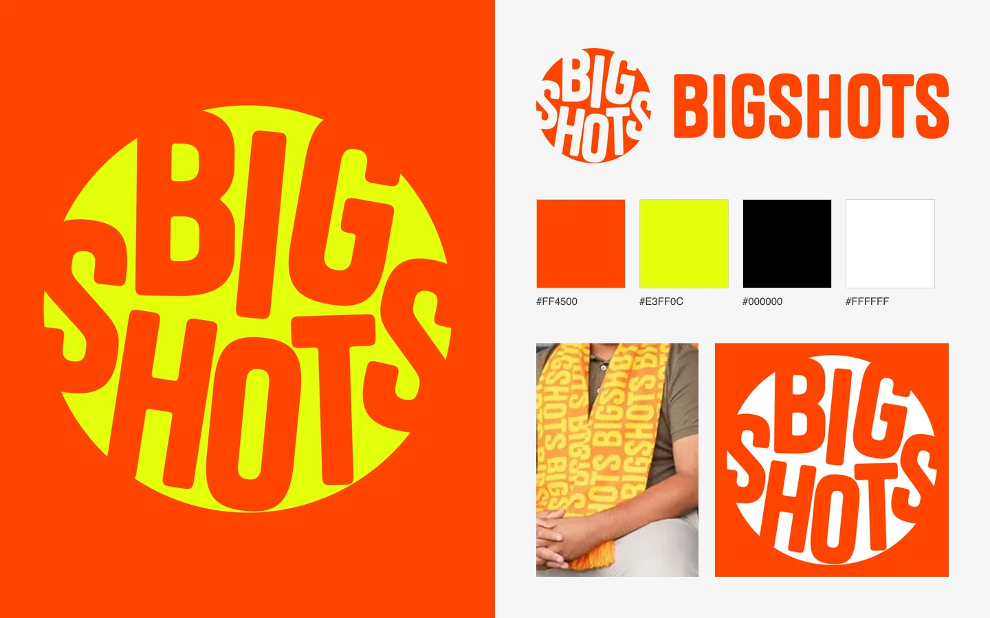 De merkplaat van Bigshots: links op oranje het ronde embleem met BIG SHOTS in oranje letters op een limoengroene cirkel, rechts het liggende logo met embleem en het woord BIGSHOTS, vier kleurvlakken met FF4500, E3FF0C, 000000 en FFFFFF, een uitsnede van een oranje sjaal vol BIGSHOTS-tekst om de nek van een deelnemer, en het embleem in wit op oranje.