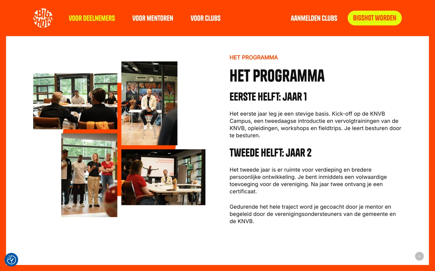 Het blok Het programma op de homepage: links vier foto's van sessies en trainingen in een collage met oranje vlakken, rechts de koppen Eerste helft: jaar 1 en Tweede helft: jaar 2 met uitleg over de basis en de verdieping.