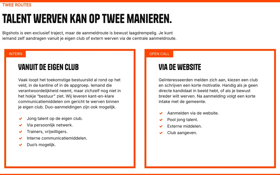Het blok Talent werven kan op twee manieren. op de pagina Voor clubs: twee kaarten met een dikke oranje rand, Intern met Vanuit de eigen club en Open call met Via de website, elk met een korte uitleg en een lijstje met oranje vinkjes.