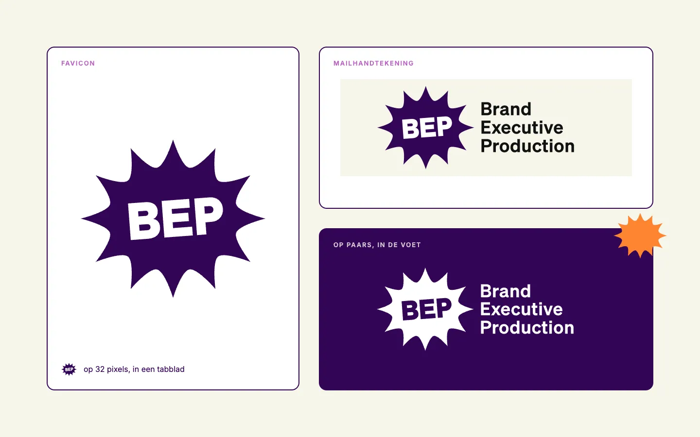 Drie toepassingen van het logo van BEP op warm papier: links een grote witte tegel met de paarse ster met BEP erin als favicon, en klein dezelfde ster op 32 pixels; rechtsboven de mailhandtekening met de ster en Brand Executive Production in drie regels; rechtsonder het logo in wit op een paars vlak, met een oranje ster op de hoek.
