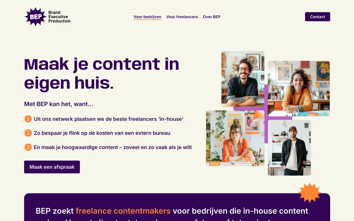 De homepage van BEP: links de kop Maak je content in eigen huis. in dikke paarse letters met drie genummerde redenen en een paarse knop Maak een afspraak, rechts vier portretten van makers in hun atelier, verbonden door een lila kruis, en onderaan de rand van een paars vlak met een oranje ster.