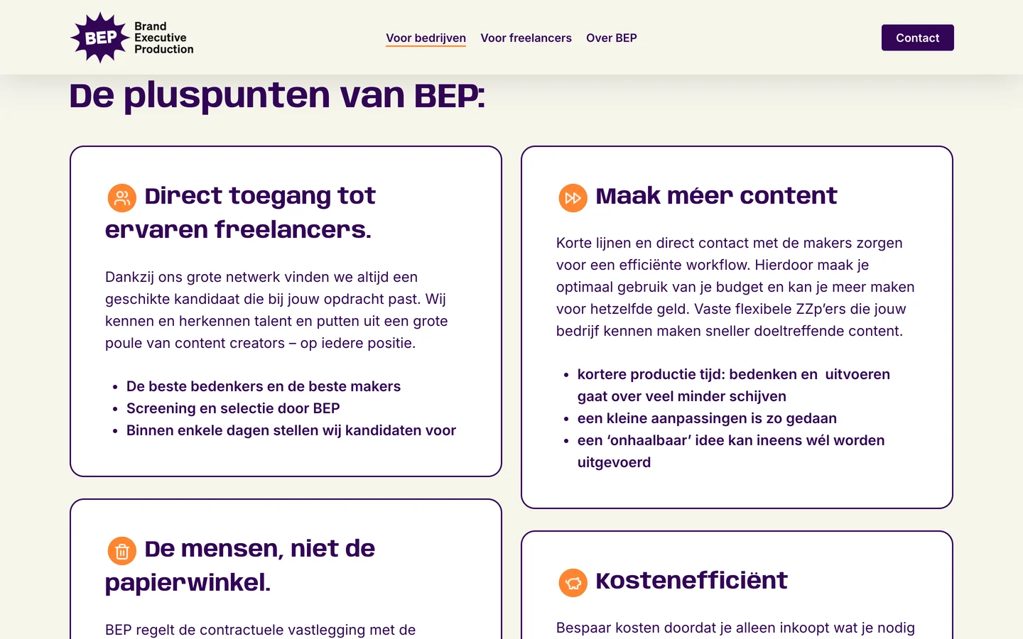 De pluspunten van BEP voor bedrijven als witte kaarten met een paarse rand en een oranje icoon: Direct toegang tot ervaren freelancers, Maak méer content, De mensen, niet de papierwinkel en Kostenefficiënt.
