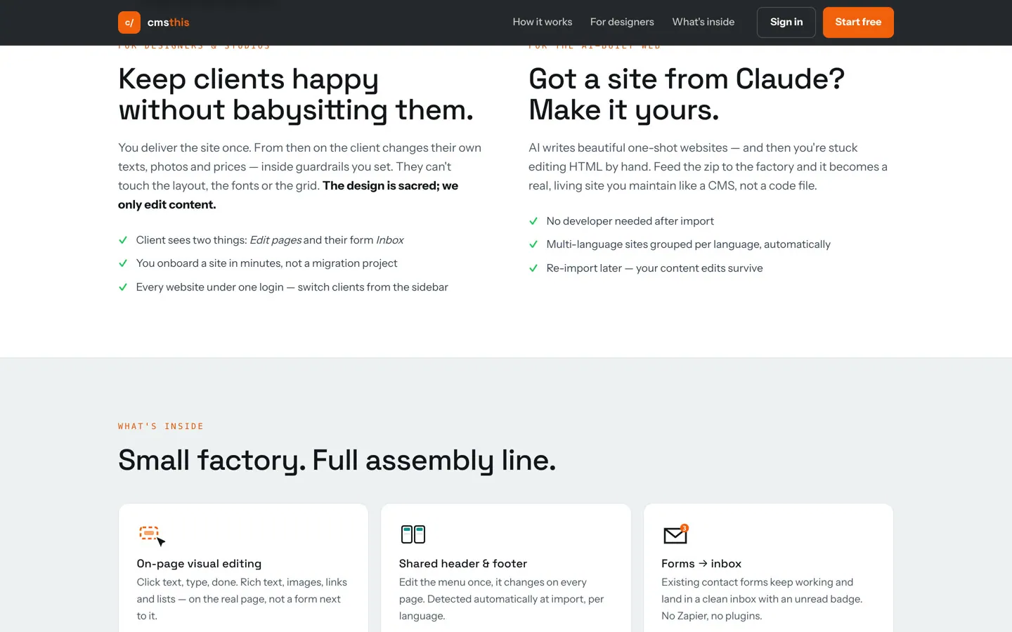 Twee secties op cmsthis.com naast elkaar: Keep clients happy without babysitting them, met de zin The design is sacred; we only edit content, en Got a site from Claude? Make it yours.