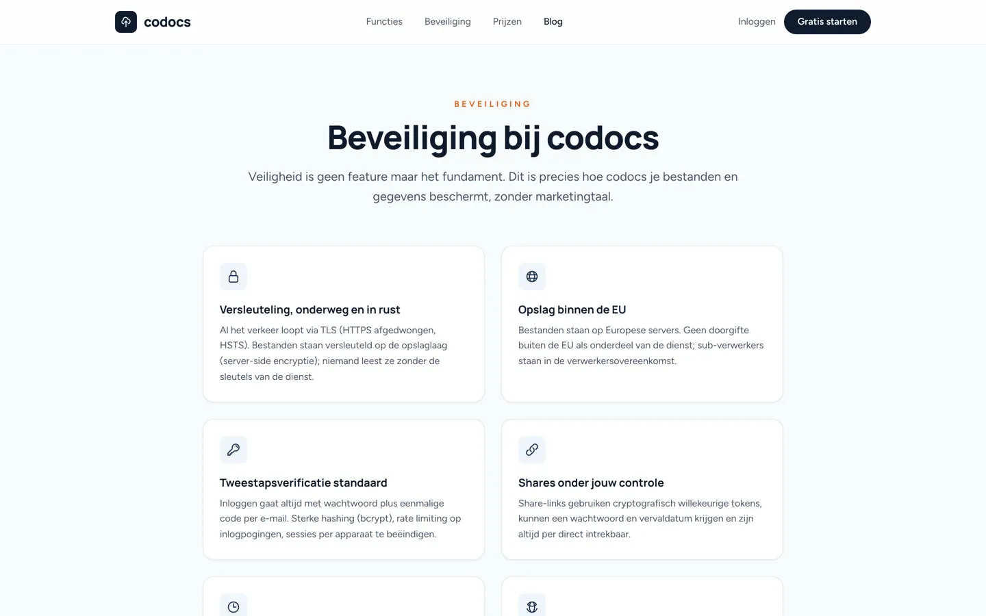 De beveiligingspagina van Codocs met kaarten over versleuteling onderweg en in rust, opslag binnen de EU, tweestapsverificatie en deellinks onder eigen controle.