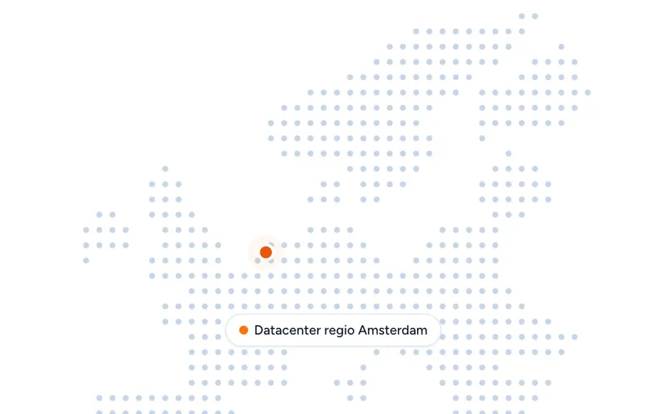 Een kaart van Europa in stippen met één oranje punt en het label Datacenter regio Amsterdam.