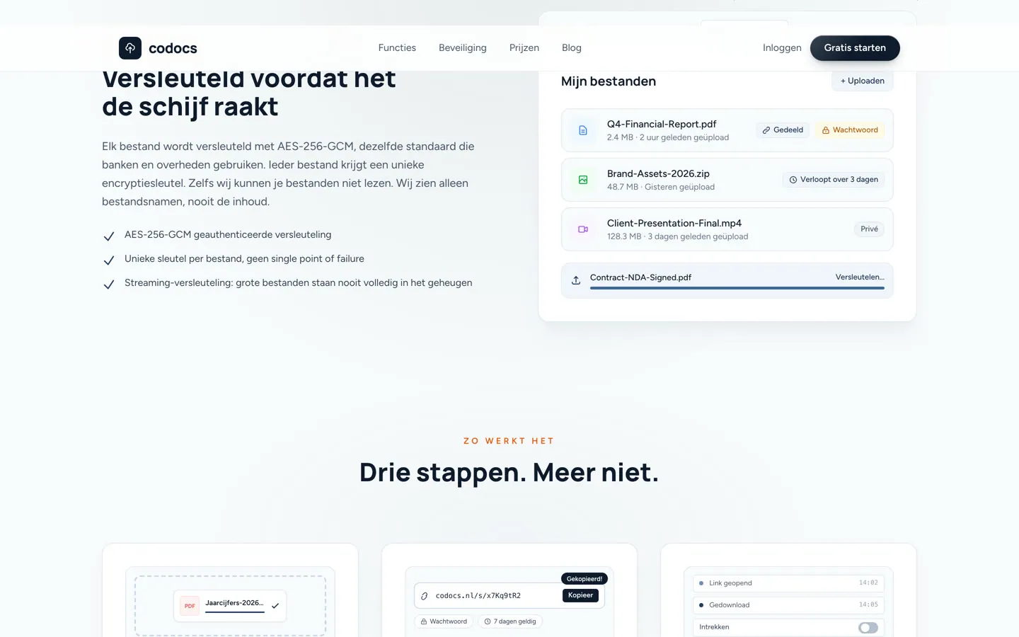 De functies van Codocs onder de kop Versleuteld voordat het de schijf raakt: zes kaarten met per functie een pictogram en twee regels uitleg.