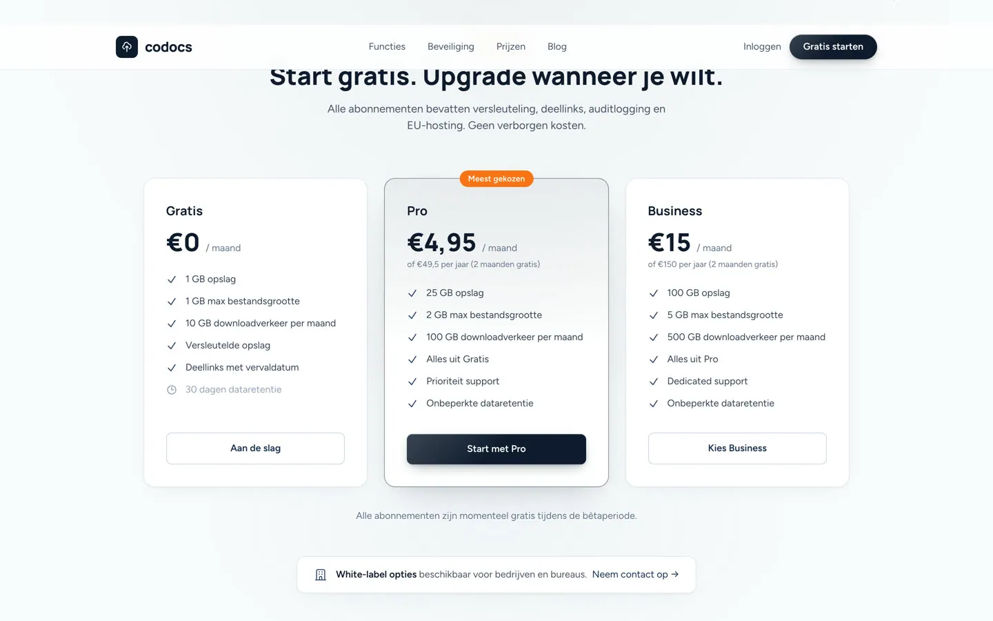 De prijzensectie van Codocs met drie abonnementen naast elkaar: Gratis, Pro en Business, met per abonnement de opslag en de maximale bestandsgrootte.