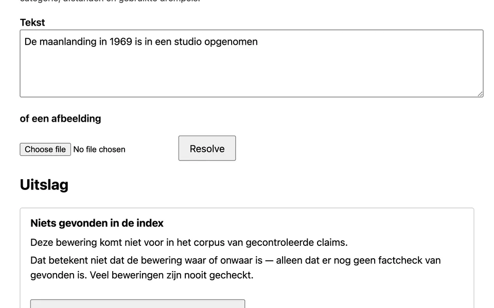 De testpagina van Doublecheck met de zin De maanlanding in 1969 is in een studio opgenomen. De uitslag: niets gevonden in de index, met de uitleg dat dat niet betekent dat de bewering waar of onwaar is.