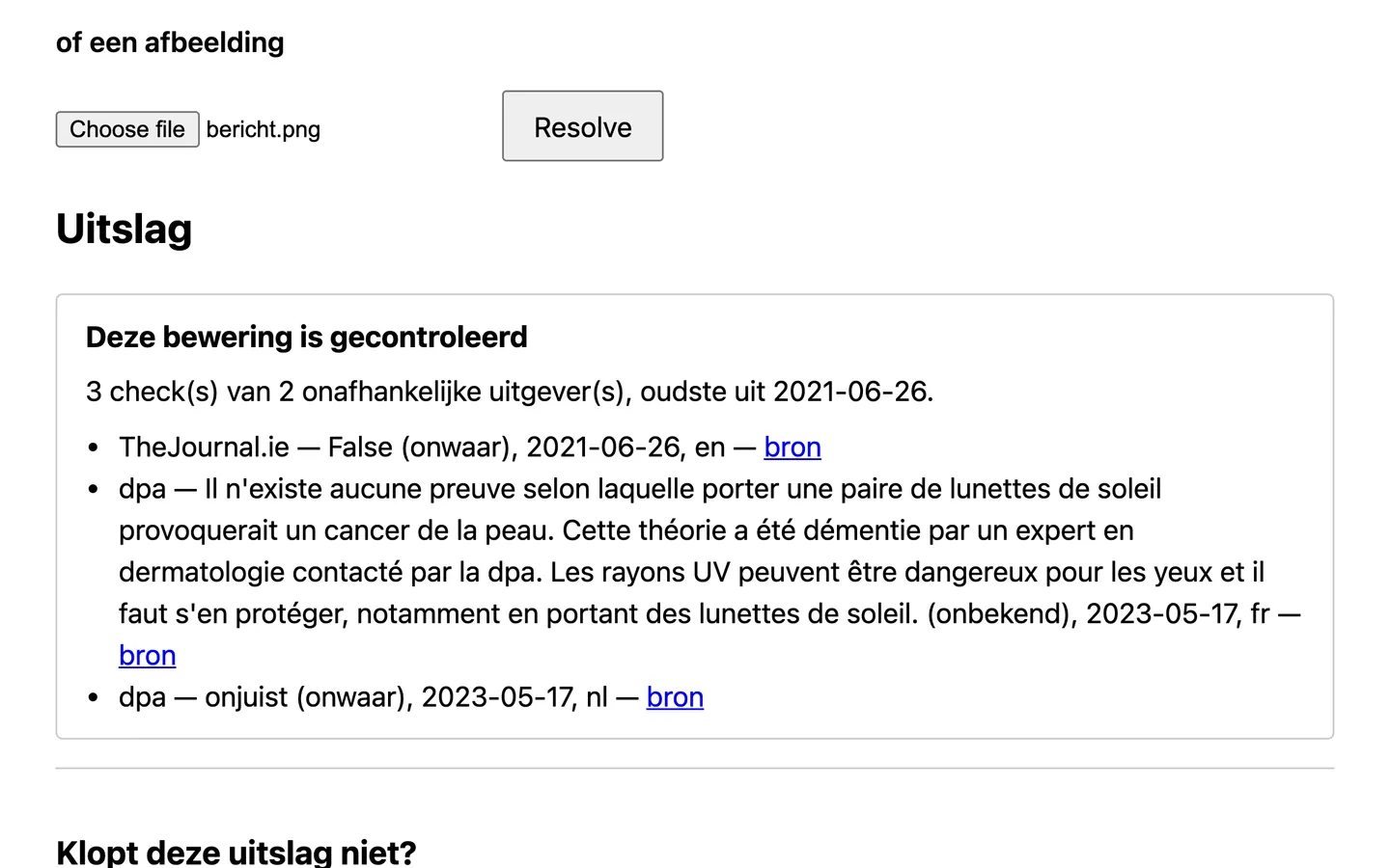 De testpagina van Doublecheck met het bestand bericht.png gekozen. De uitslag: deze bewering is gecontroleerd, drie checks van twee uitgevers, TheJournal.ie in het Engels, dpa in het Frans en dpa in het Nederlands, elk met datum en een link naar de bron.