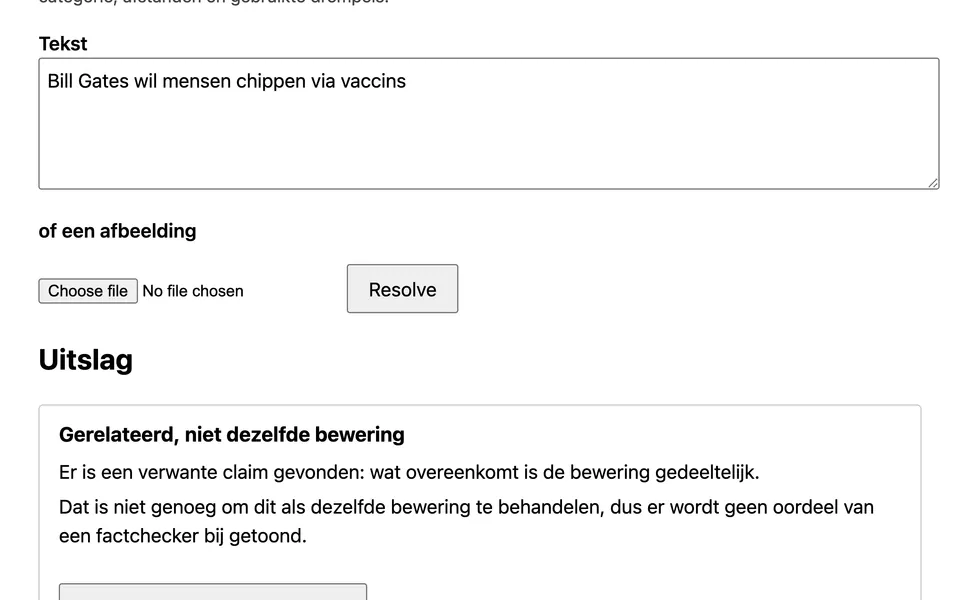 De testpagina van Doublecheck met de zin Bill Gates wil mensen chippen via vaccins. De uitslag: gerelateerd, niet dezelfde bewering, en daarom geen oordeel van een factchecker.