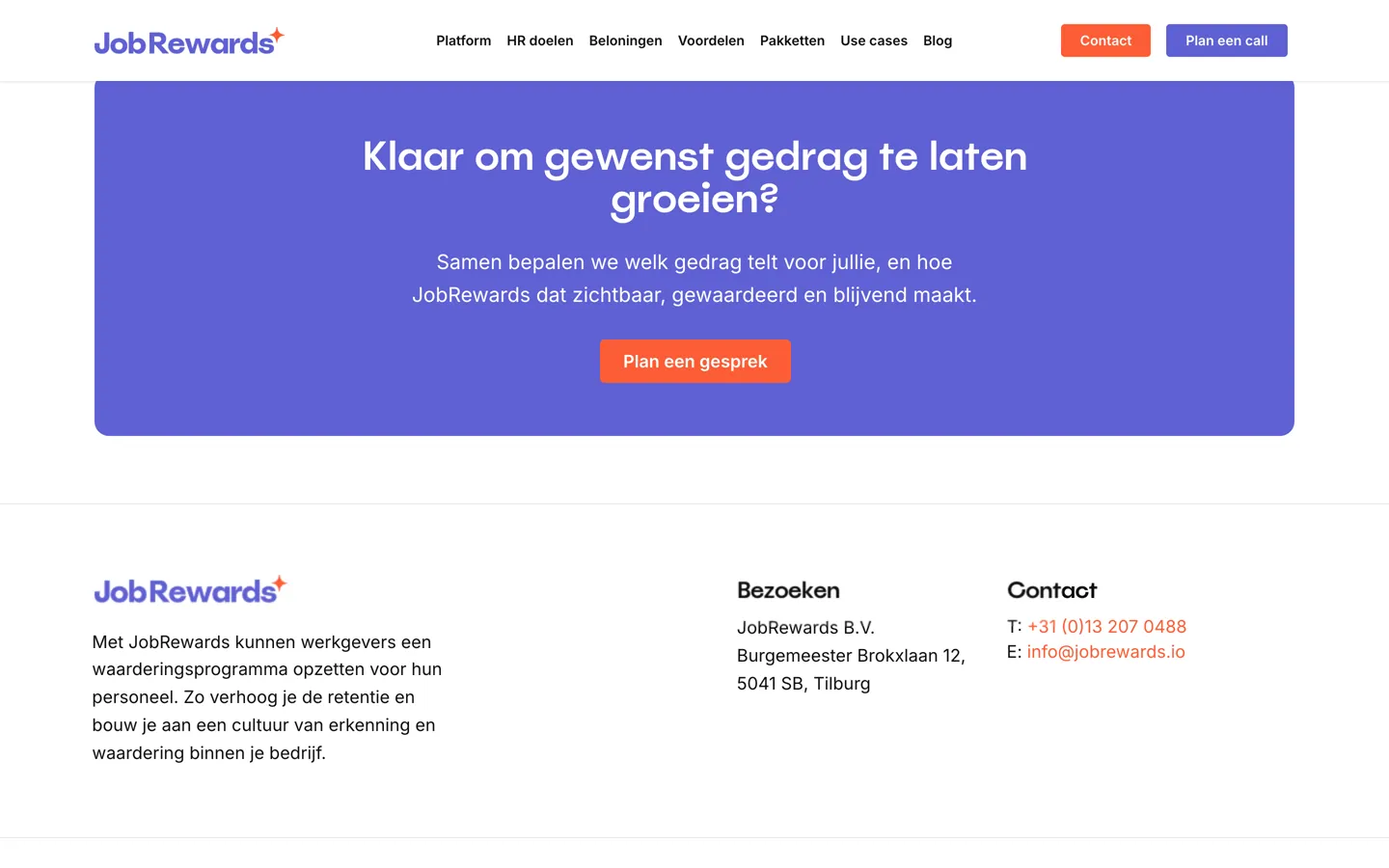 Het paarse blok Klaar om gewenst gedrag te laten groeien? met de knop Plan een gesprek, en daaronder de voet van jobrewards.io met het woordmerk, een korte omschrijving, het adres in Tilburg en de contactgegevens.