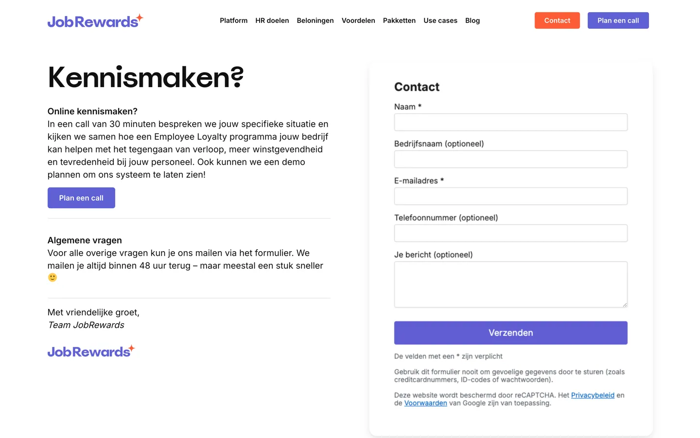 De contactpagina van JobRewards: links de kop Kennismaken? met uitleg over een online kennismaking van 30 minuten en een knop Plan een call, rechts een contactformulier met naam, bedrijfsnaam, mailadres, telefoonnummer en een bericht.