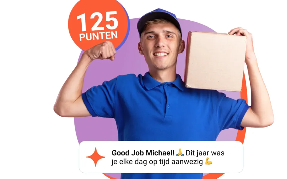 Een lachende jongen in een blauw poloshirt met een doos op zijn schouder, uitgeknipt op een paarse vorm, met linksboven een oranje rondje met 125 punten en onderaan een melding: Good Job Michael! Dit jaar was je elke dag op tijd aanwezig.