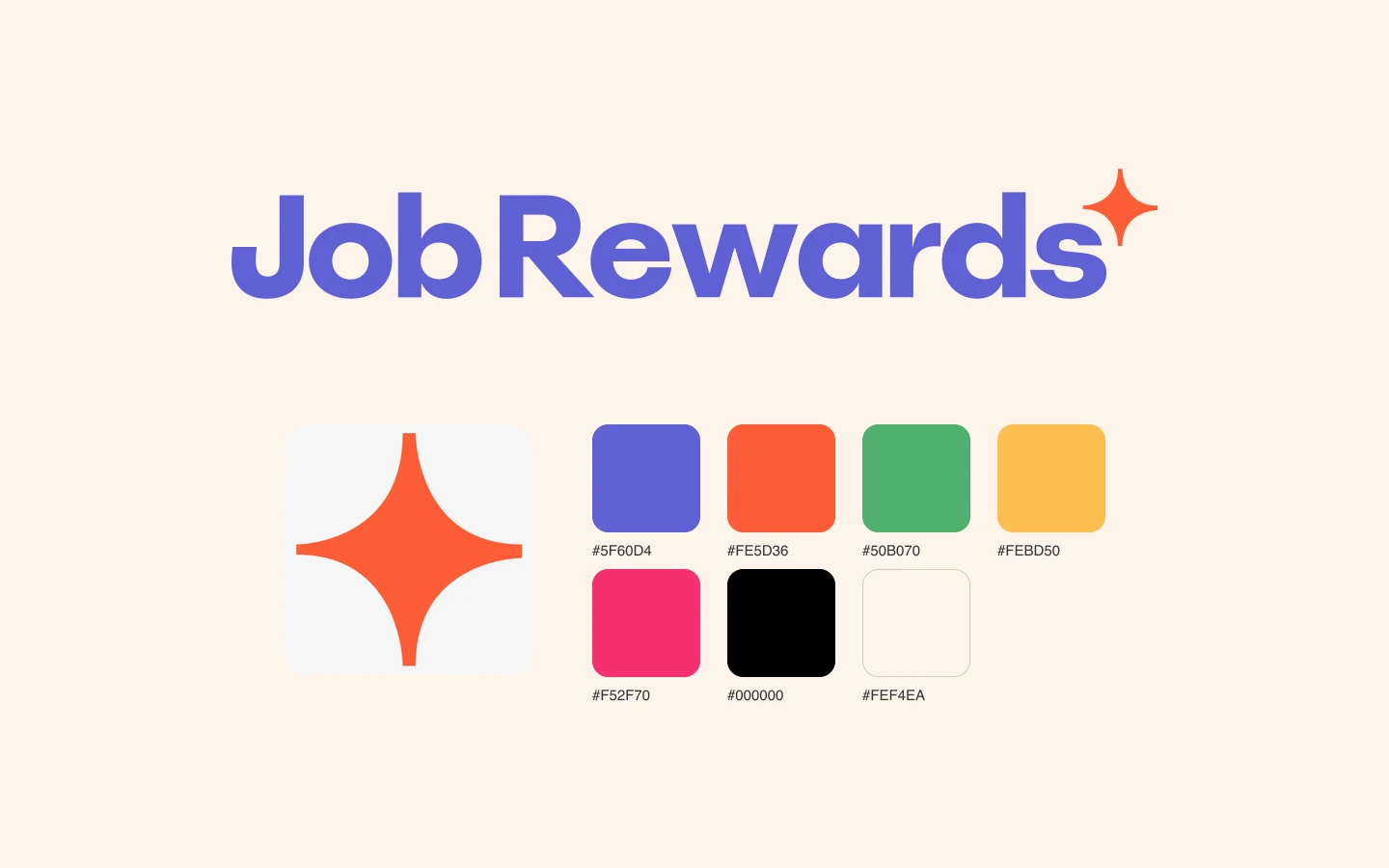 De merkplaat van JobRewards op crème: bovenaan het woordmerk JobRewards in paars met een oranje vonk, daaronder links de oranje vonk los op een lichtgrijs vlak en rechts zeven kleurvlakken met hun hexcode: paars 5F60D4, oranje FE5D36, groen 50B070, geel FEBD50, roze F52F70, zwart en crème FEF4EA.