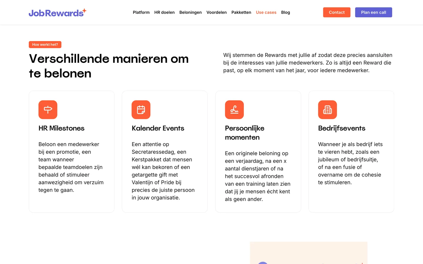 Het blok Verschillende manieren om te belonen op de pagina Use cases: vier kaarten met een oranje icoon, HR Milestones, Kalender Events, Persoonlijke momenten en Bedrijfsevents, elk met een korte uitleg.