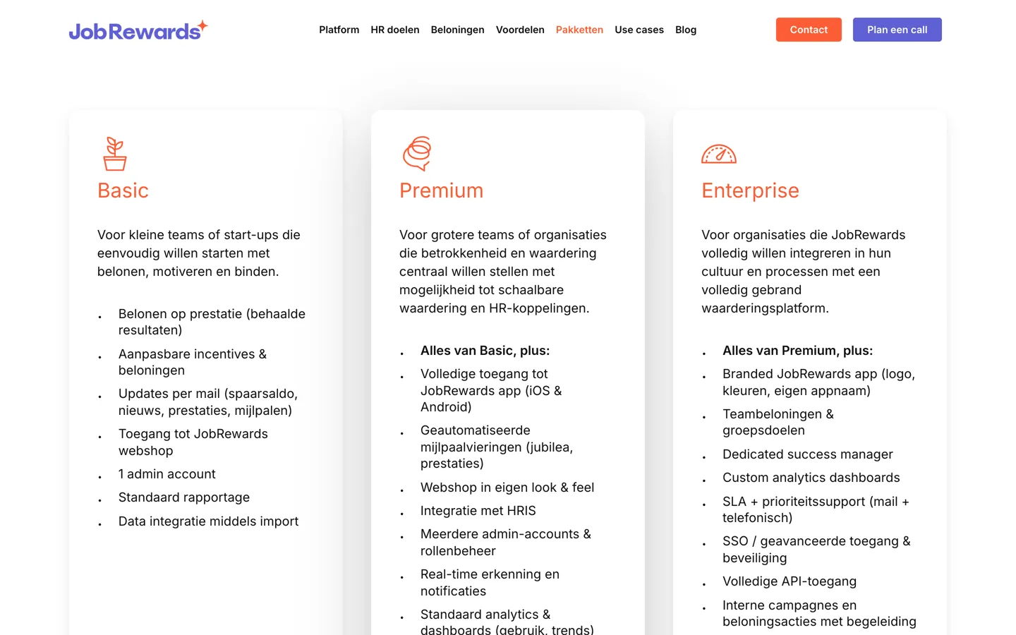 De pagina Pakketten van JobRewards: drie kolommen, Basic, Premium en Enterprise, elk met een oranje icoon, een korte zin voor wie het is en een lijst met wat erin zit.