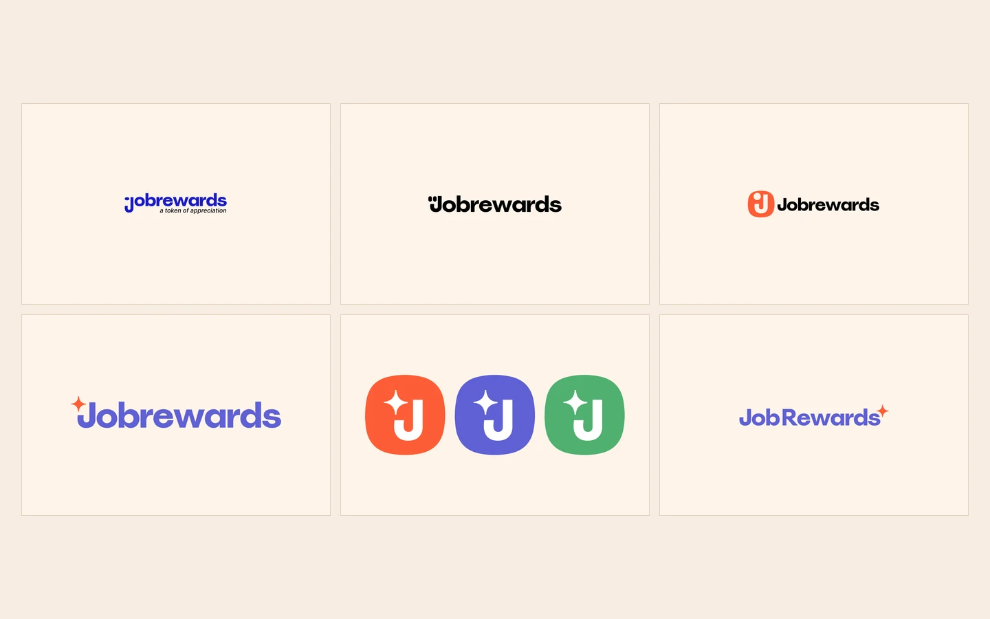 Zes kaarten op crème: vijf verkenningen van het woordmerk Jobrewards, in donkerblauw met de regel a token of appreciation, in zwart, met een oranje J-icoon, in paars met een vonk, en drie ronde appicoontjes met een J en een vonk in oranje, paars en groen, en als zesde het definitieve woordmerk JobRewards in paars met een oranje vonk.