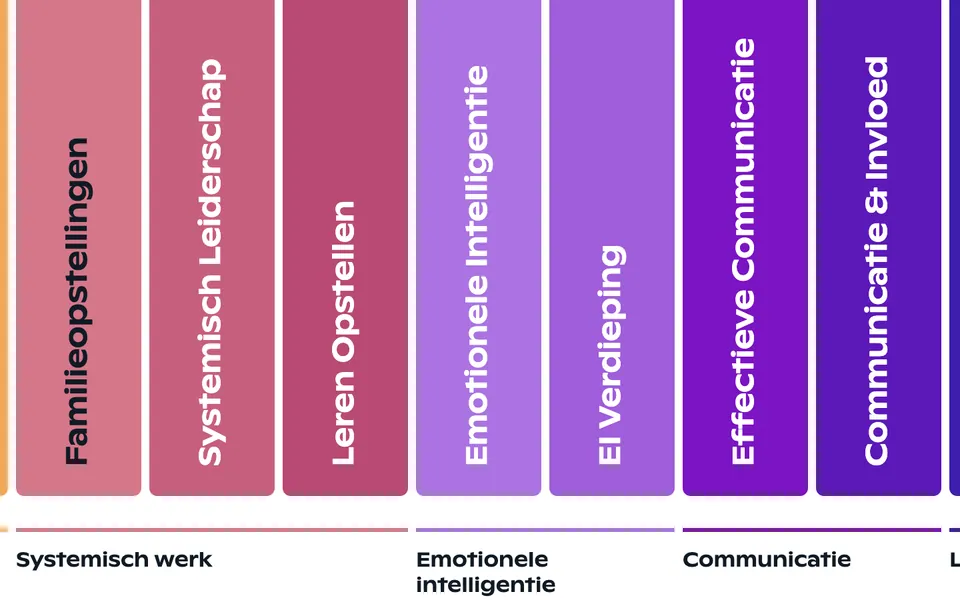Uitsnede van de kleurenwaaier: banden in roze, lila en paars met de namen Familieopstellingen, Systemisch Leiderschap, Leren Opstellen, Emotionele Intelligentie, EI Verdieping, Effectieve Communicatie en Communicatie & Invloed, met eronder de thema's Systemisch werk, Emotionele intelligentie en Communicatie.