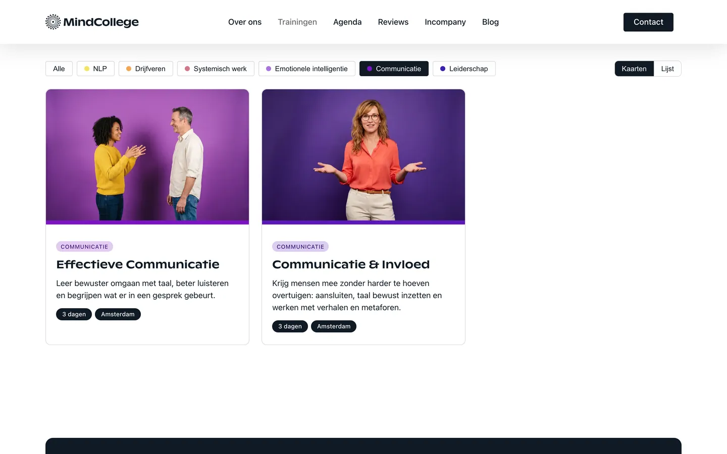 De trainingenpagina met het thema Communicatie gekozen: alleen de kaarten Effectieve Communicatie en Communicatie & Invloed staan nog in beeld, met paarse foto's.