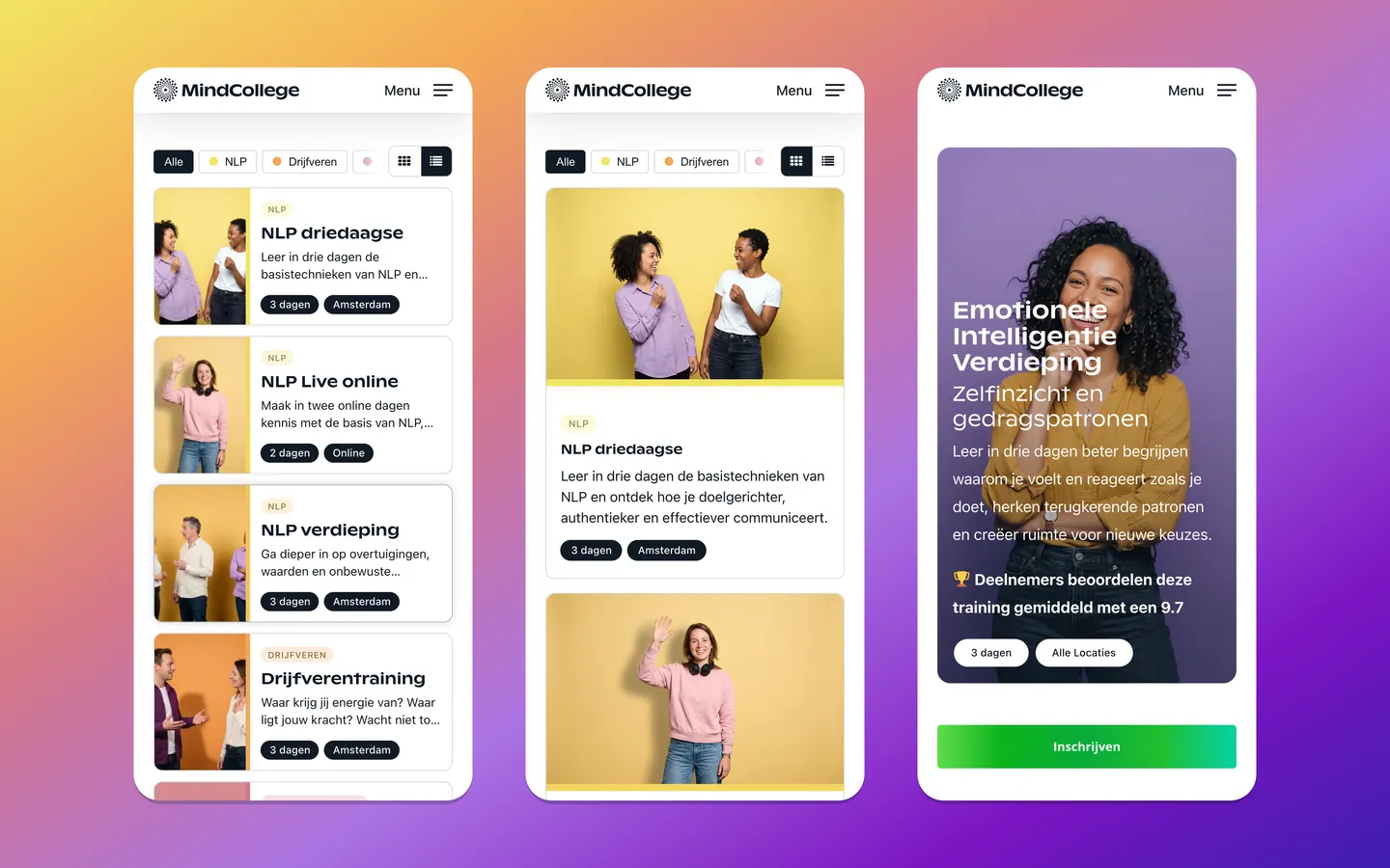 Drie telefoonschermen van mindcollege.nl op het verloop van de waaier: de trainingen als lijst, de trainingen als kaarten, en de pagina van Emotionele Intelligentie Verdieping met een lachende vrouw voor een paarse achtergrond en de knop Inschrijven.