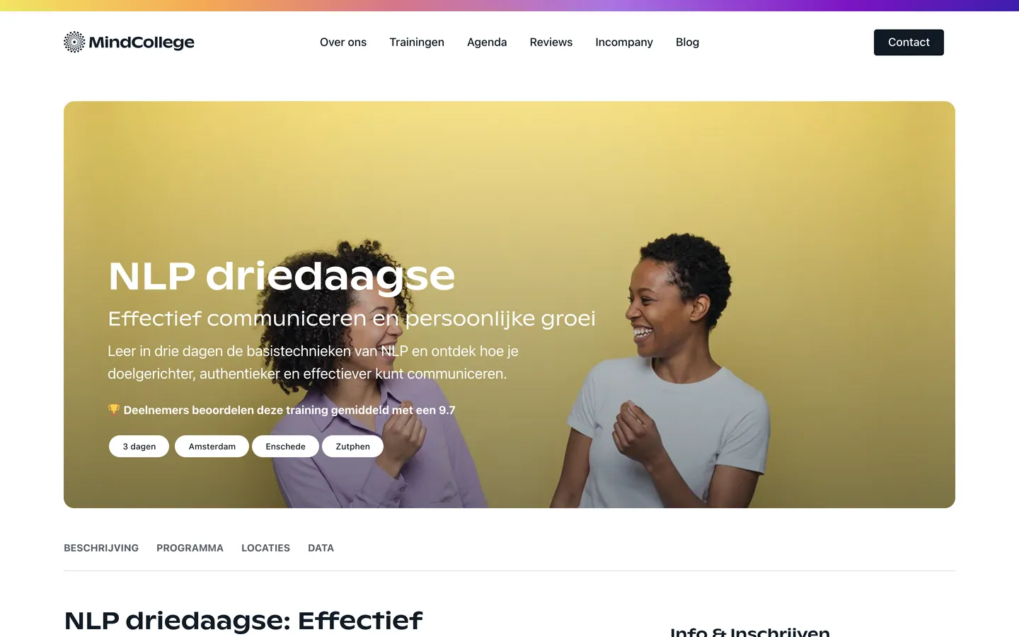 De pagina van de NLP Driedaagse: een brede kop met de foto van twee lachende vrouwen voor een gele achtergrond, de titel, de ondertitel Effectief communiceren en persoonlijke groei, de duur en de locaties, en eronder de tabs Beschrijving, Programma, Locaties en Data.