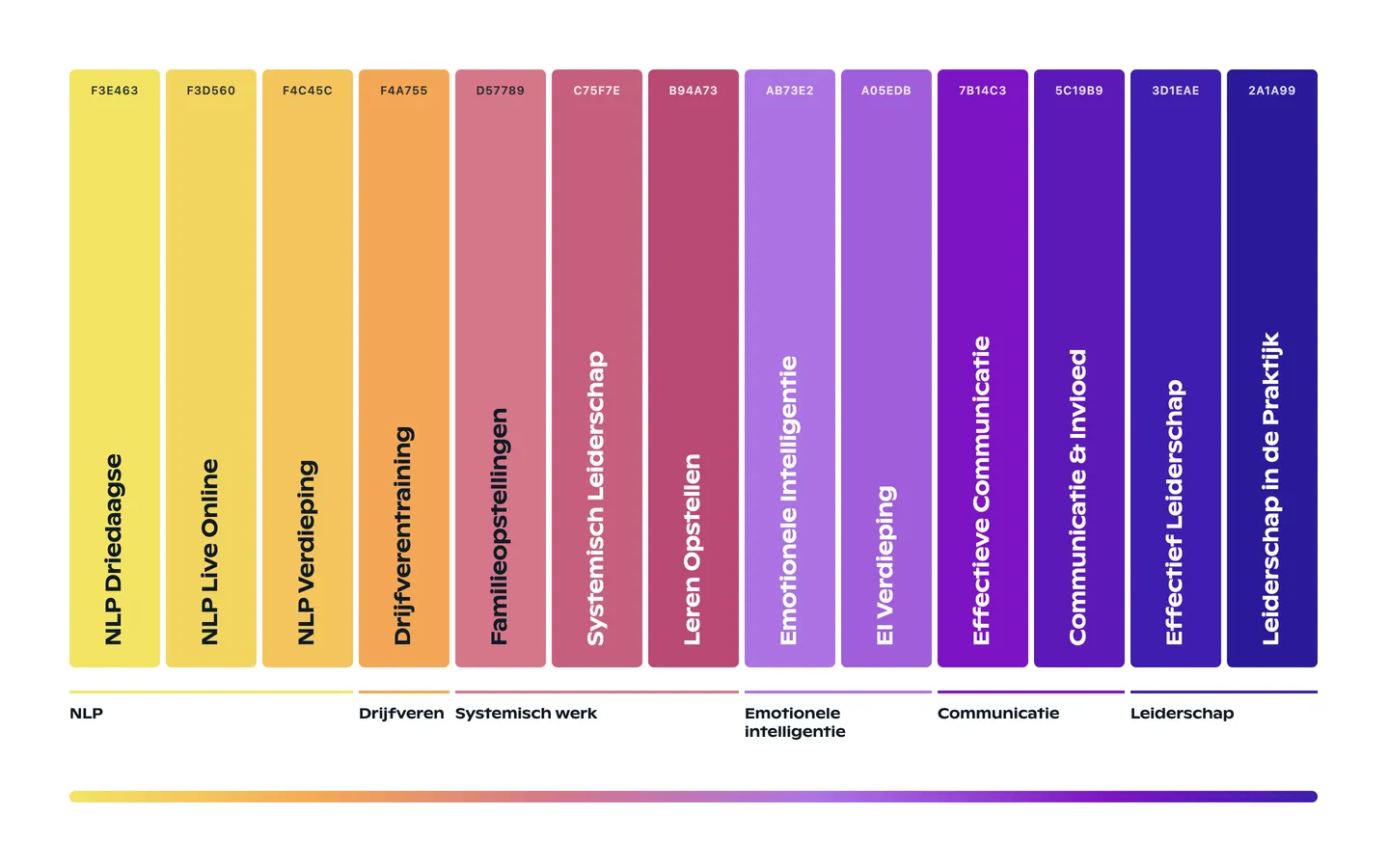 De dertien kleuren van de MindCollege-waaier als staande banden naast elkaar, elk met de naam van de training en de kleurcode: van NLP Driedaagse in geel via Drijfverentraining in oranje, Familieopstellingen in roze en Emotionele Intelligentie in lila tot Leiderschap in de Praktijk in diepblauw. Eronder de zes thema's en een balk met het doorlopende verloop.