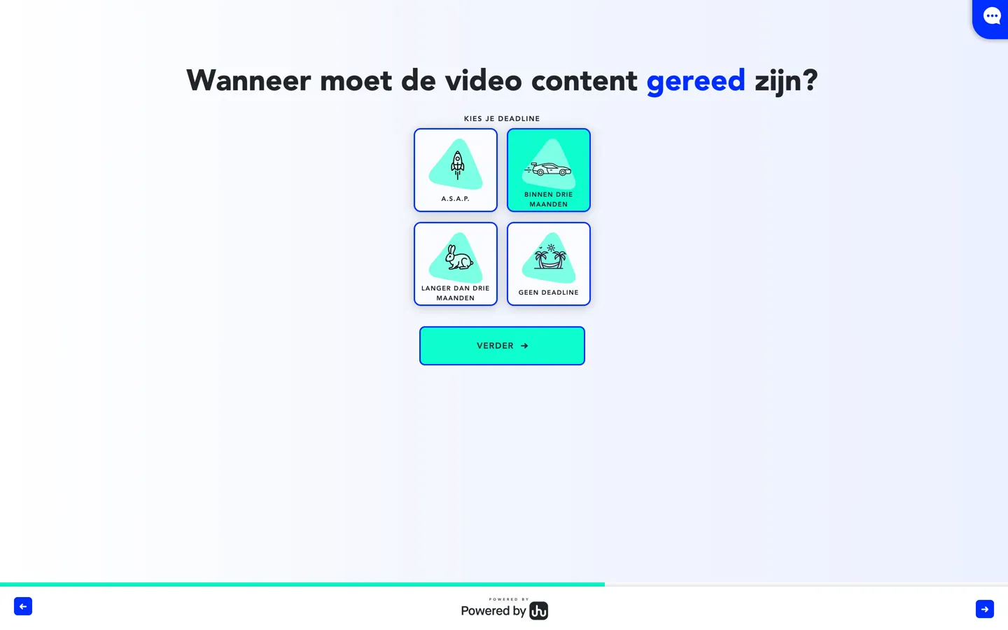 De vraag Wanneer moet de video content gereed zijn? met vier tegels, a.s.a.p., binnen drie maanden (gekozen), langer dan drie maanden en geen deadline, elk met een getekend icoon.